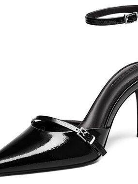Coutgo Women's Black Closed Pointed Toe Ankle Buckle Strap Pumps High Heels